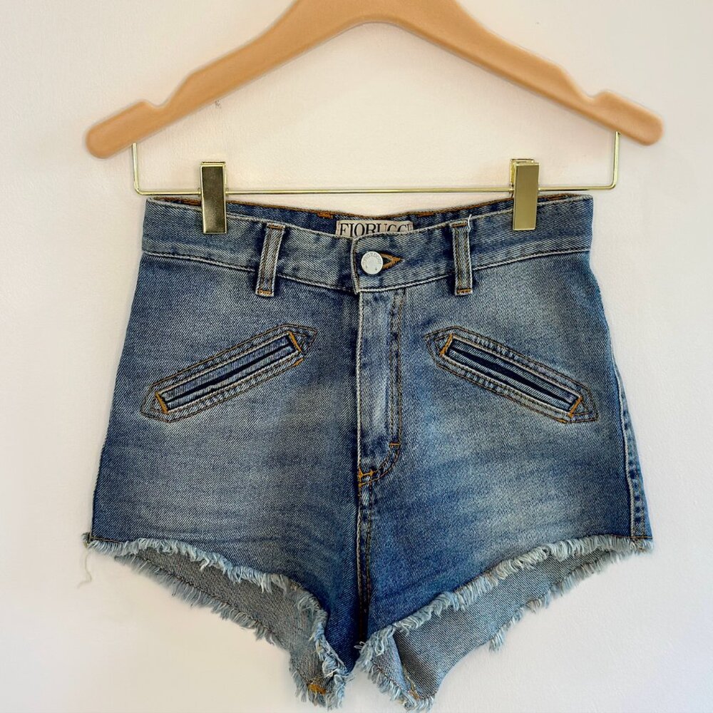 Fiorucci High-Waisted Blue Denim Shorts with Cherub Detail - Picture 2 of 2